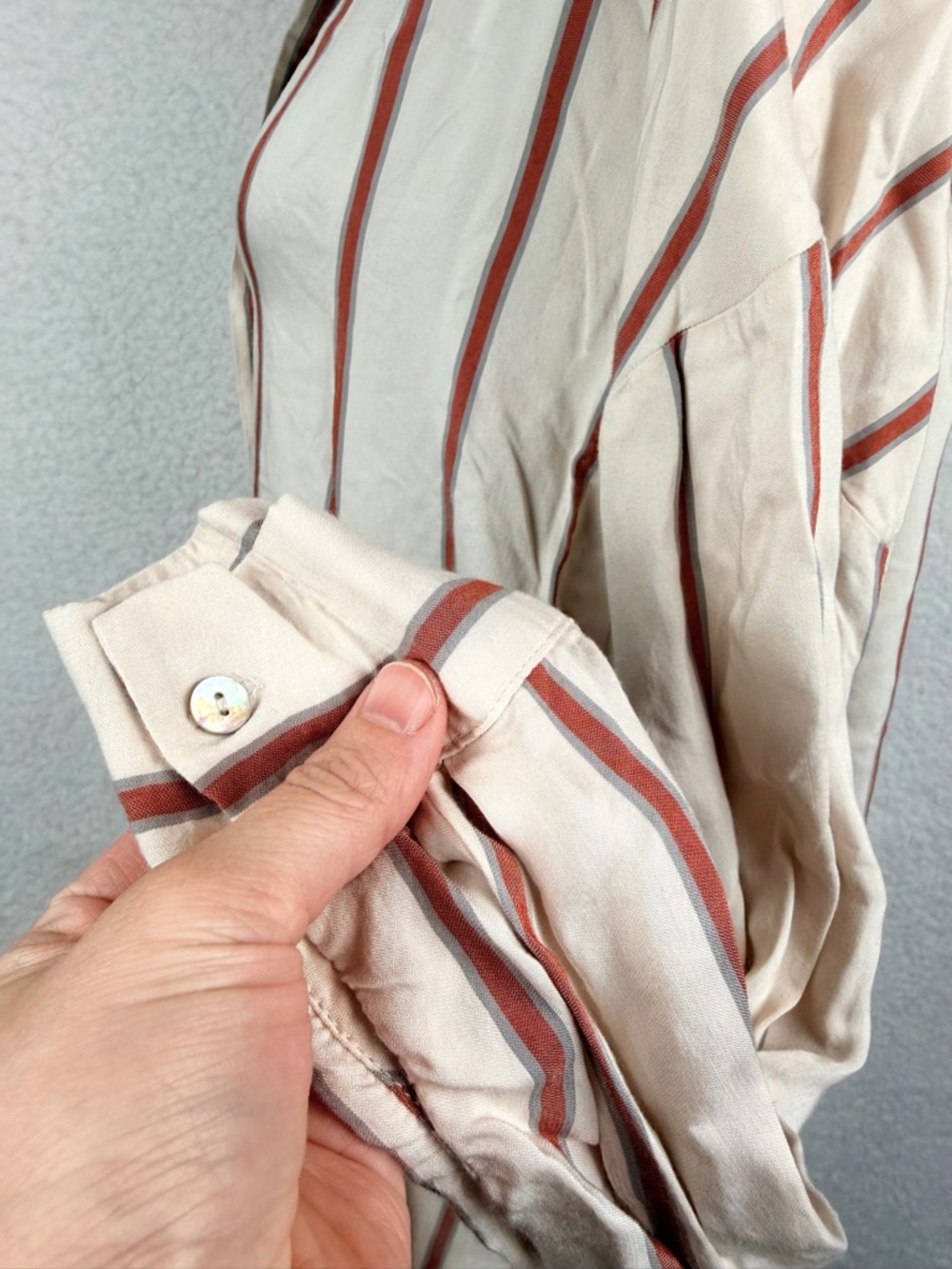 ZARA • Cream/Rust Striped Long Sleeve Button-Down Mini Shirt Dress, S - Picture 5 of 13